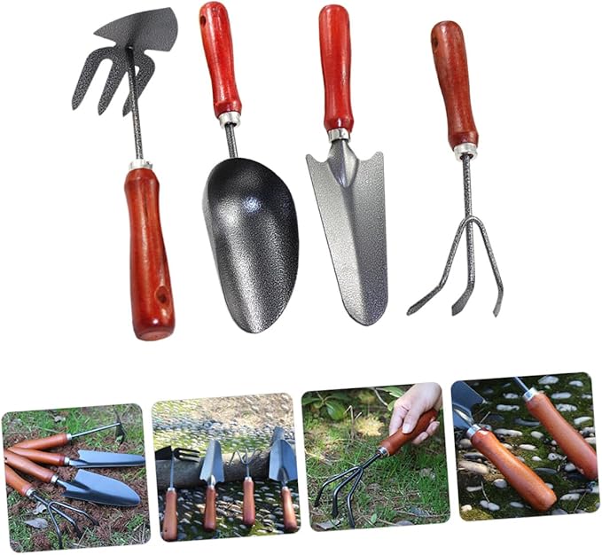 HOMSFOU Garden Tool Set 4pcs Small Hand Trowel Spade Shovel Rake Metal Gardening Tools for Planting Flower Beds and Soil Digging in Garden and Patio