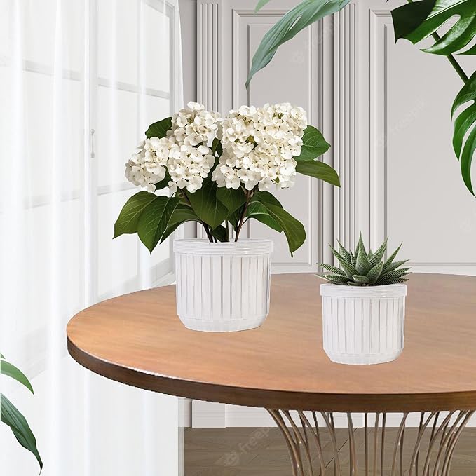 Handmade White Ceramic Planter Set of 4 681012 Inch Diameter Vertical Line Pattern for Succulents Cacti IndoorOutdoor Use on Windowsill Bookshelf Breathable Material