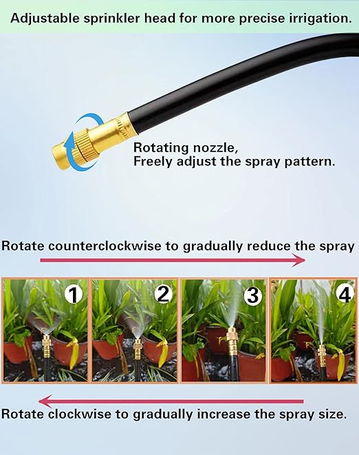 Drip Irrigation System 360 Degree Adjustable Garden Sprinkler High Output Mist Spray Nozzle for Potted Plants Easy Connect &amp Rotating Head Customizable Water Flow (65FT+15spray nozzles+Timer)