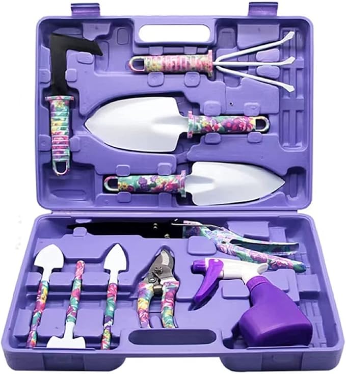 10 PCS Garden Hand Tools Set Planting KitGarden Work Tool with Carrying Case Gardening Tools with Water Proof and Never Mould ToteHandle Rake Weeder Trimmer Scissors Garden Hand Tool Belt Suitcase