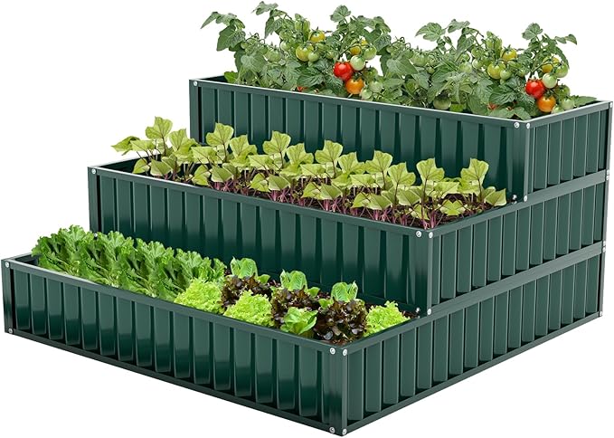 HAPPYGRILL 3-Tier Raised Garden Bed Galvanized Elevated Garden Bed w/Open-Ended Base for Deep Rooted Plants Vegetables Flowers Modular Assembly Outdoor Planter Box for Patio Backyard (1 Green)