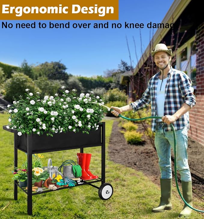 Koutemie Outdoor Raised Planter Bed Box with Legs for Gardening Elevated DIY Garden Cart on Wheels for Vegetables Flower Tomato Herb Plant Black