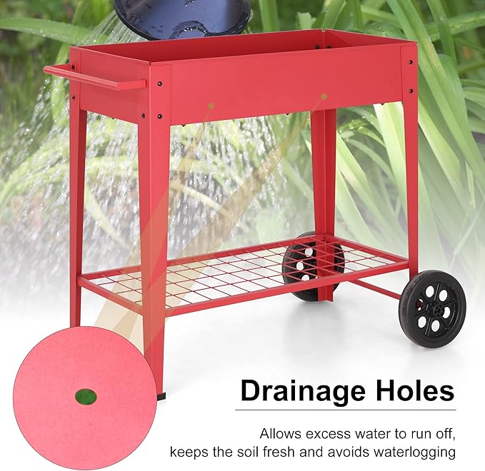 Sophia &amp William Planter Raised Beds with Legs and Wheels Outdoor Metal Planter Box Elevated Garden Bed with Lower Shelf for Vegetables Flower Herb Red