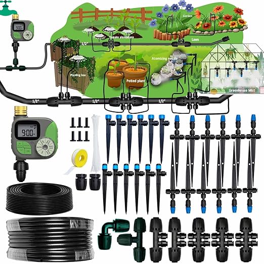 Drip Irrigation System with Water Timer for GardenMain ID 1/2inch 16.5Ft and 1/4inch 96Ft Water Hose Watering System Sufficient Water Pressure Irrigation Dripper Waterflow Evenly Easy DIY