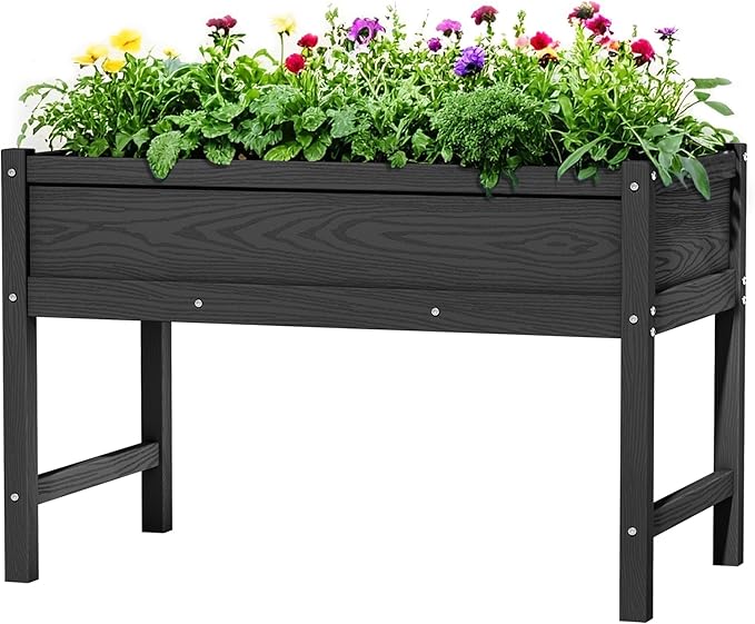 HDPE Raised Garden Planting Bed with LegsGarden Boxes Outdoor Raised with Drainage Hole Rot-ResistantRaised Beds for Gardening for Backyard Patio Balcony 300 lb Capacity (Black)