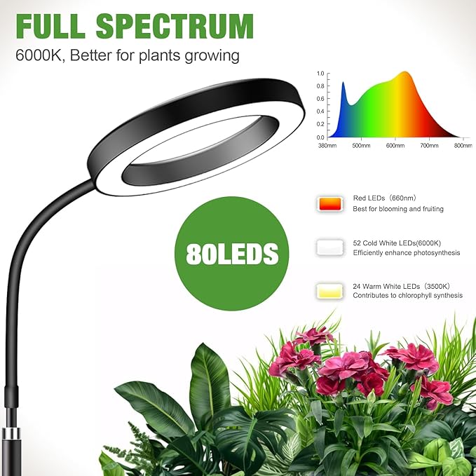 Garpsen Grow Lights for Indoor Plants 80 LEDs Full Spectrum Desk Plant Light with Timer for 6H/12H/16H 5 Dimmable Levels &amp Flexible Gooseneck 6000K Grow Lamp with Base Height Adjustable 16.5-25