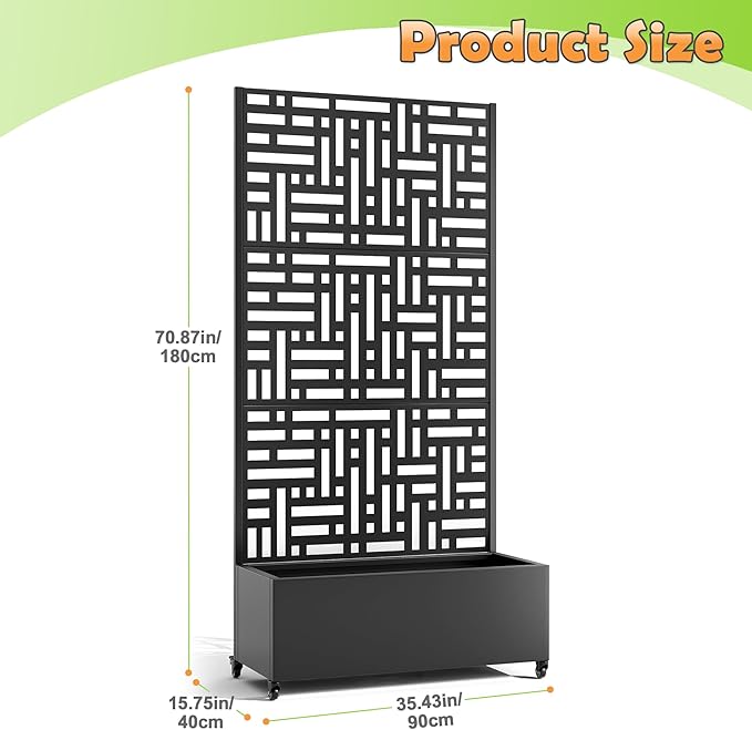 Metal Raised Garden Bed with Trellis 2-in-1 Planter Box &amp Privacy Screen for Climbing Plants Outdoor Standing Flower Bed with Drainage Holes 35.4 L x 15.7 W x 70.1 H Black-Helen