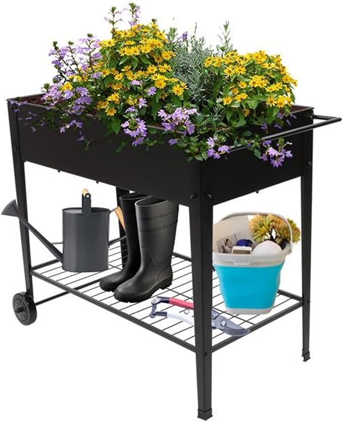 Homtique Outdoor Raised Planter Box with Legs for Gardening Elevated DIY Garden Bed Cart on Wheels for Flower Vegetables Tomato Herb Planting Black