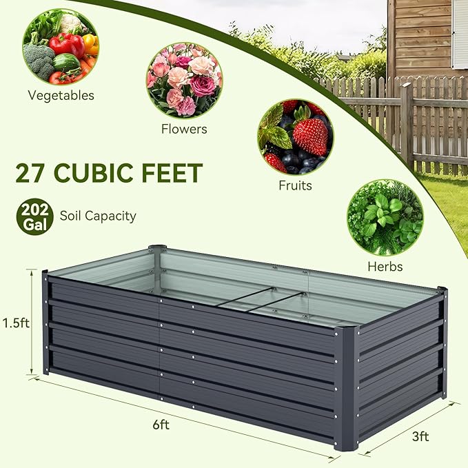 Ohuhu 6x3x1.5FT Metal Raised Garden Bed Outdoor Reinforced Galvanized Steel Rustproof Planter Box 100% Non-Toxic 202 Gal Large Capacity Heavy Duty Raised Beds for Growing Vegetables Flowers Herbs