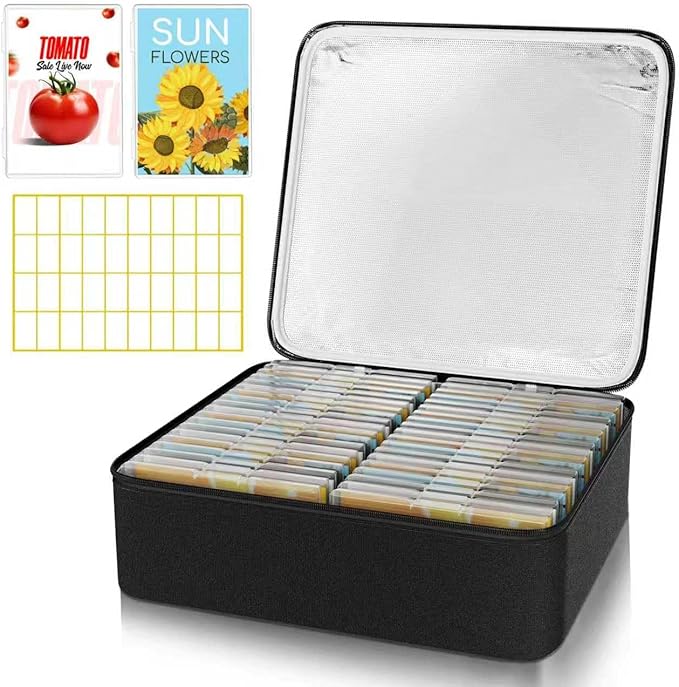 38 Slots Seed Storage Organizer Box with Insulated Bag That Holds 80-200 Seed Envelopes Oxford Cloth Garden Seed Containers with Labels Seed Packet Organizer for Plant Flower Vegetable Seeds