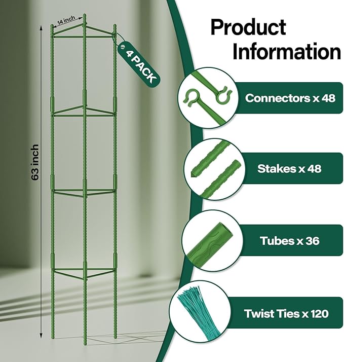 Halatool 63 Inch Tomato Cages 4 Pack Adiustable Plant Cages Assembled Tomato Garden Cages Stakes Vegetable Support Trellis with 120 Feet Twist Tie Snap-On for Vertical Climbing Plants