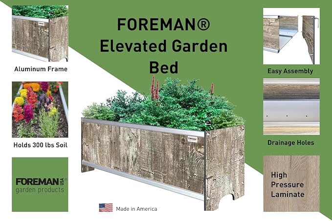 Foreman Raised Garden Bed 36”Lx12”Wx14”H Premium HPL Plastic Wood Grain Aluminum Frame Elevated Planter Box for Backyard Patio Balcony Monte