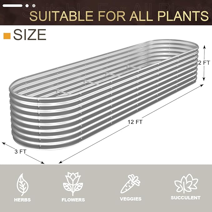 FRIZIONE 12FT(L)×3FT(W)×2FT(H) Galvanized Raised Garden Bed Outdoor Metal Raised Garden Beds for Flower Raised Planter Box Outdoor for Herb Vegetable