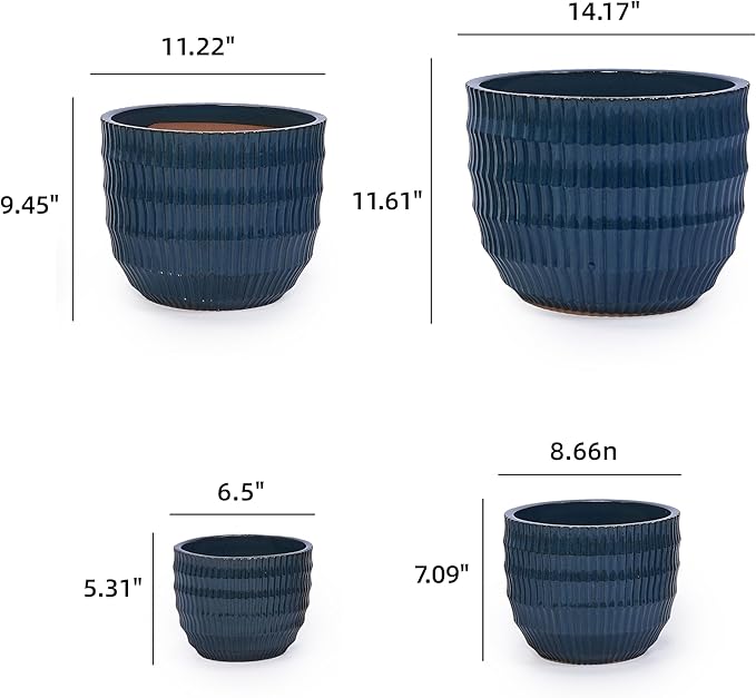 Handmade Navy Blue Ceramic Planter Set of 4 (5.31 to 14.17) IndoorOutdoor Flower Pots for Orchids Succulents by Window Couchside Breathable Textured Clay with Drainage