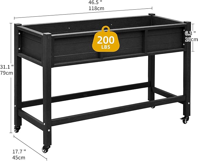 DWVO 47x18x31in Raised Garden Bed HDPE Weather-Resistant Poly Wood Planter Box Stand Planter Box with Legs &amp Lockable Wheels Elevated Garden Bed for Backyard Patio Balcony - Black