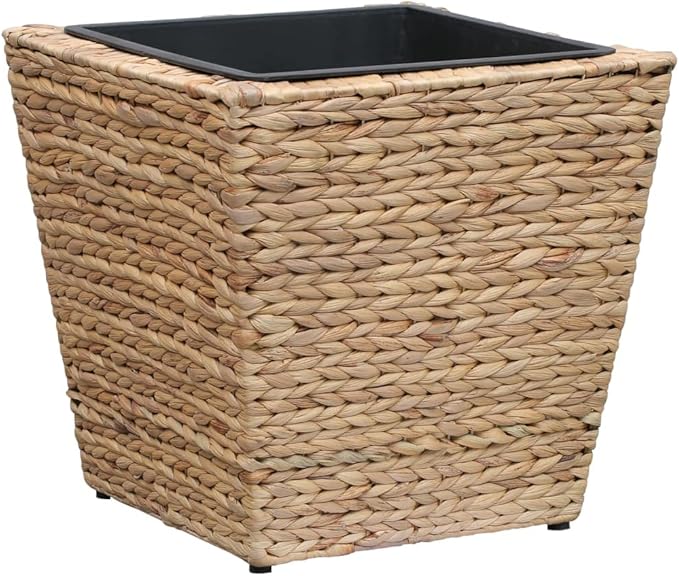 Raised Garden Bed Planter Boxes Natural Water Hyacinth &amp Steel Set of 3 Square Indoor Planters with Removable Pots Rustic Beige for Living Room Decor