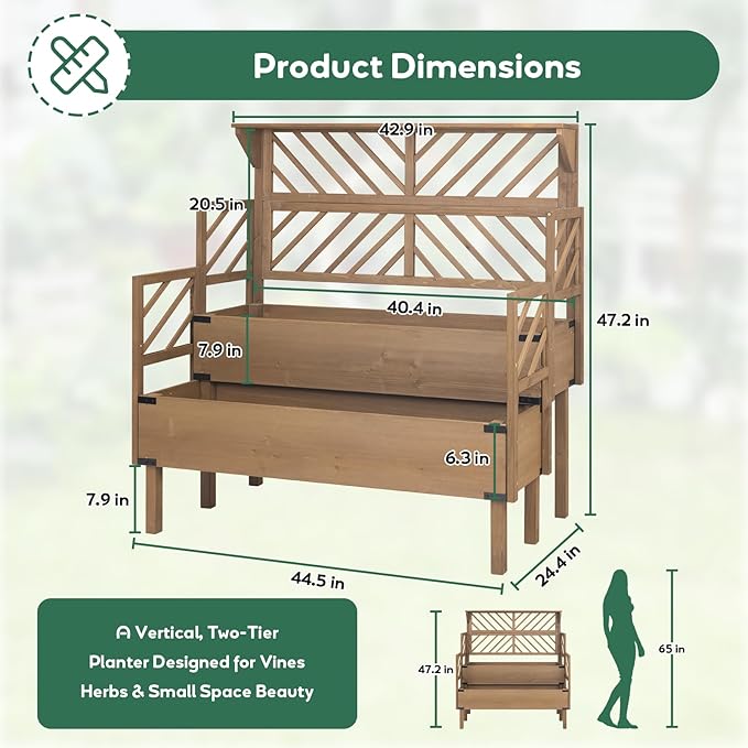 PetsCosset Raised Garden Bed with Trellis 2-Tier Elevated Planter Box with Legs &amp Top Shelf Liner Metal Corners Wooden Garden Beds for for Climbing Plants Flower Vegetables Herbs