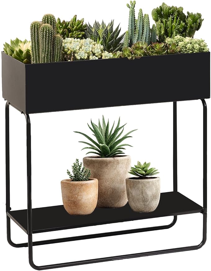 Metal Raised Garden Bed 23.6W x 9.8D x 25.6H inches with Storage Shelf Powder Coated Planter Box Floor Standing Indoor and Outdoor