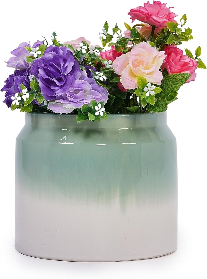 Handmade Ceramic Planter Set of 2 8.5 6 Diameter Green White Ombre Glaze for Aquatic Plants IndoorOutdoor Shelf Table Use Non Porous Breathable Clay