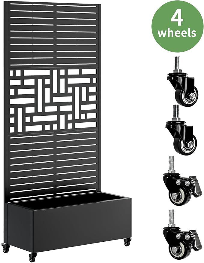 Metal Planter Box with Trellis &amp 4 Wheels Mobile Raised Garden Bed with Privacy Screen for Climbing Plants and Vegetables
