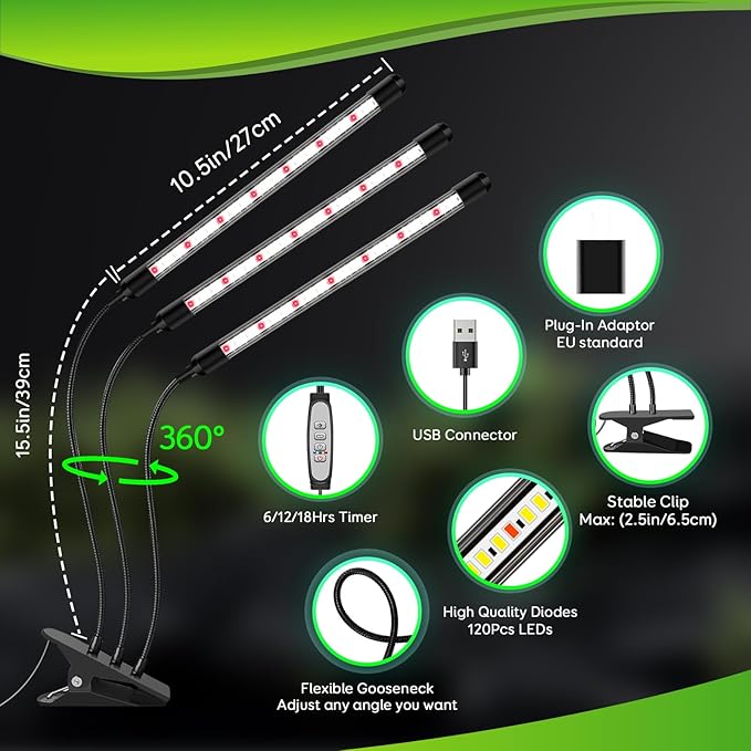 Tri-Heads Grow Lights for Indoor Plants Full Spectrum Plant Lights for Indoor Growing with Adjustable 360° Gooseneck 6/12/18H Timer &amp Dimming for Seedlings(Pack 2)