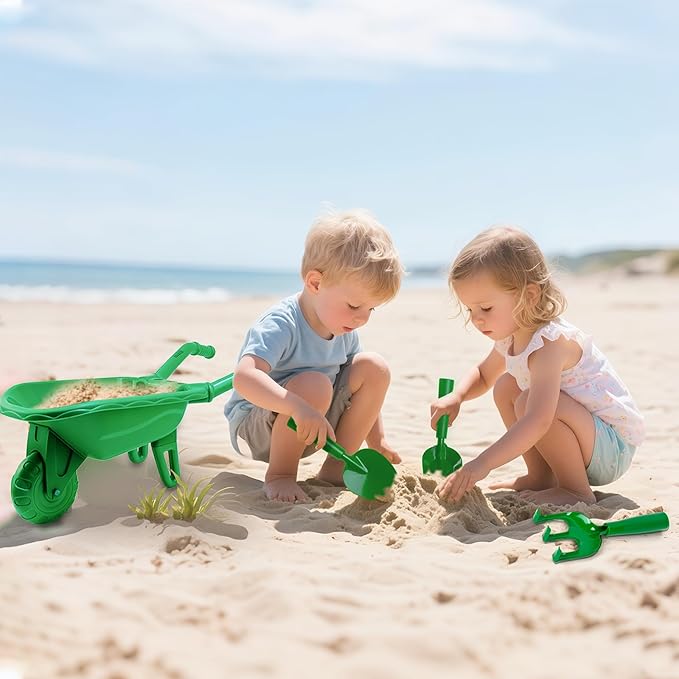 Duckura Kids Wheelbarrow Set - Gardening Tools for Kids with Shovel Rake Trowel Outdoor Yard Lawn Digging Weed Toys Easter Birthday Gifts for Boys Girls Age 2 3+Years Old(Green B)