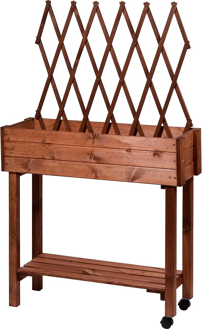 dobar® 58187e Rollable Raised Bed with Trellis Planter Box on Wheels Flower Bed Made of Solid Wood Narrow Herb Bed for Garden/Patio/Balcony 79 x 28.5 x 130 cm Brown