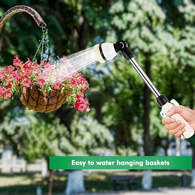 RESTMO Metal Watering Wand Heavy Duty Garden Hose Wand with 180° Swivel Ratcheting Head 16'' Hose Nozzle Sprayer with 7 Spray Patterns and Flow Control for Water Hanging Baskets and Shrubs White