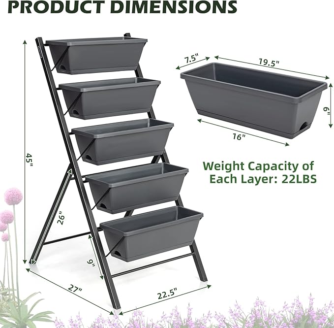 COSTWAY Vertical Raised Garden Bed 5 Tier Planter Box with Drainage Holes for Vegetables Grass Flowers Freestanding Garden Planter Indoor Outdoor Patio Balcony Greenhouse