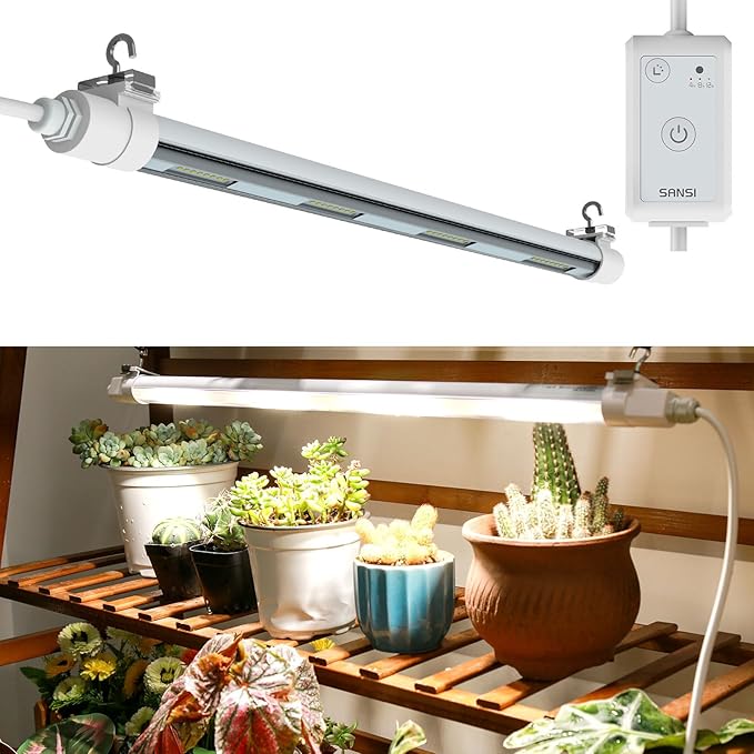 SANSI T8 Grow Lights for Indoor Plants 2FT 4000K Full Spectrum 25W (195W Equivalent) LED Grow Light Strips with 4-Level Dimmable Auto On Off 4 8 12 Hrs Timer IP54 Waterproof for Seed Starting