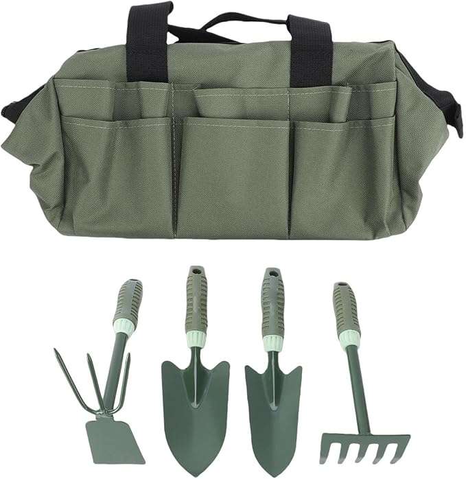 Fockety Gardening Tool Kit 5 Tines Rake and Dual Head Hoe Heavy Duty Garden Hand Tools Set with Storage Bag for Planting Weeding Digging Gifts for Women Men