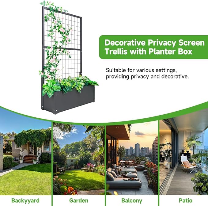 Metal Planter with Trellis Raised Garden Beds Outdoor (35.5 L*12 W*59 H) Inch Planter Box with Trellis&ampPrivacy Screen for Climbing Plants Vegetables Vines