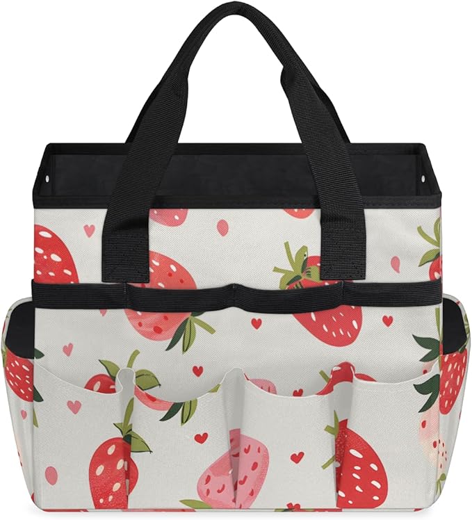 Strawberries Gardening Tool BagHeavy Duty Garden Tote BagPortable Oxford Gardening Storage Basket Organizer Handbag with Pockets HandleHand Tools Gifts for Outdoor Garden Lawn Yard