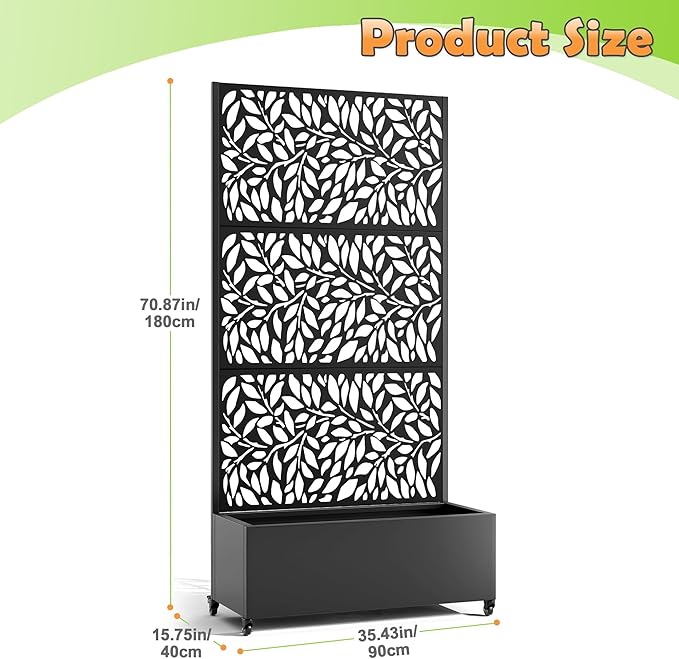 Metal Raised Garden Bed with Trellis 2 in 1 Trellis with Planter Box &amp Privacy Screen for Climbing Plants Vine Outdoor Standing Flower Beds with Drainage Holes 35.4L x 15.7W x 70.10H(Black
