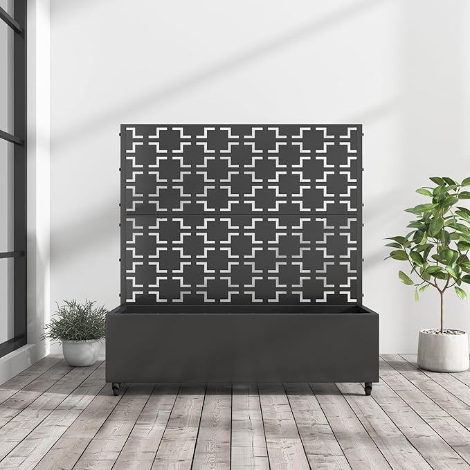 Casaphoria 47x47 Metal Raised Garden Bed with Trellis(2 Pack) Outdoor Planter Box with Wheels &amp Drainage Holes for Climbing Plants Flowers Elevated Garden Kit with Privacy Screen Black-Squar