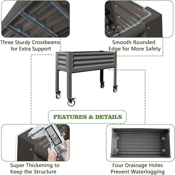 A ANLEOLIFE Elevated Raised Garden Bed with Lockable Wheels 48x18x35 in Galvanized Steel Planter Box with Legs Waist-High Design Reinforced Frame for Balcony Patio &amp Porch Quartz Grey