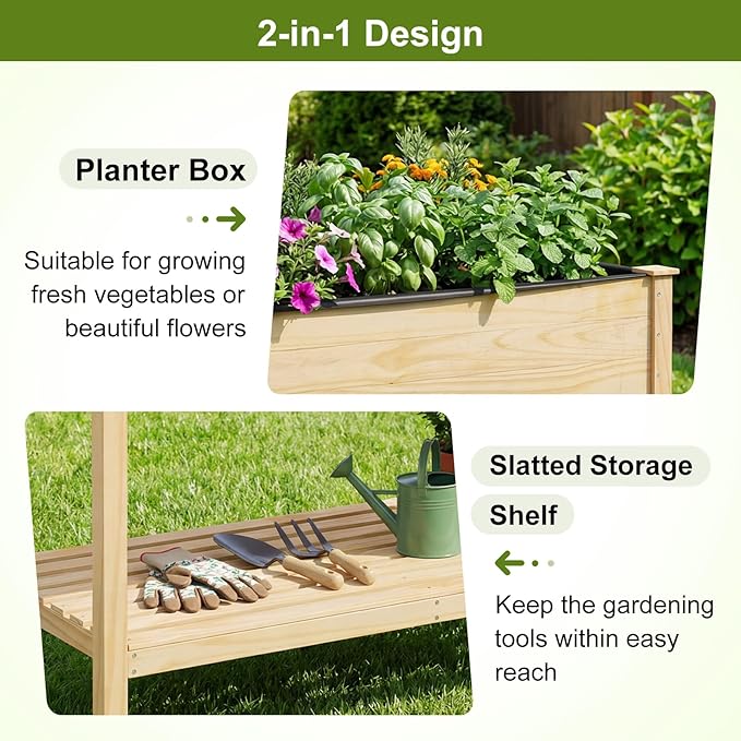 COSTWAY Pine Wood Raised Garden Bed 47 x 23 x 33 Elevated Planter Box with Storage Shelf Lockable Wheels Liner Drainage for Vegetables Flowers Herbs Yard Balcony