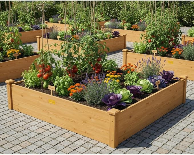 Hollyone 48 X 48 inches Wood Raised Garden Bed Frame Planters Wooden Elevated Planting Planter Box for Outdoor Herb Vegetables Flowers Grass Lawn Yard Patio - Natural Brown 4×4ft