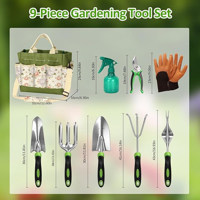 Gardening Tools SetOPPSIUE 9 Pcs Heavy Duty Stainless Steel Gardening Hand Tool Kit with Rubber Non-Slip Handlewith Shoulder Crossbody/Tote BagIdeal Gifts for Women and Men
