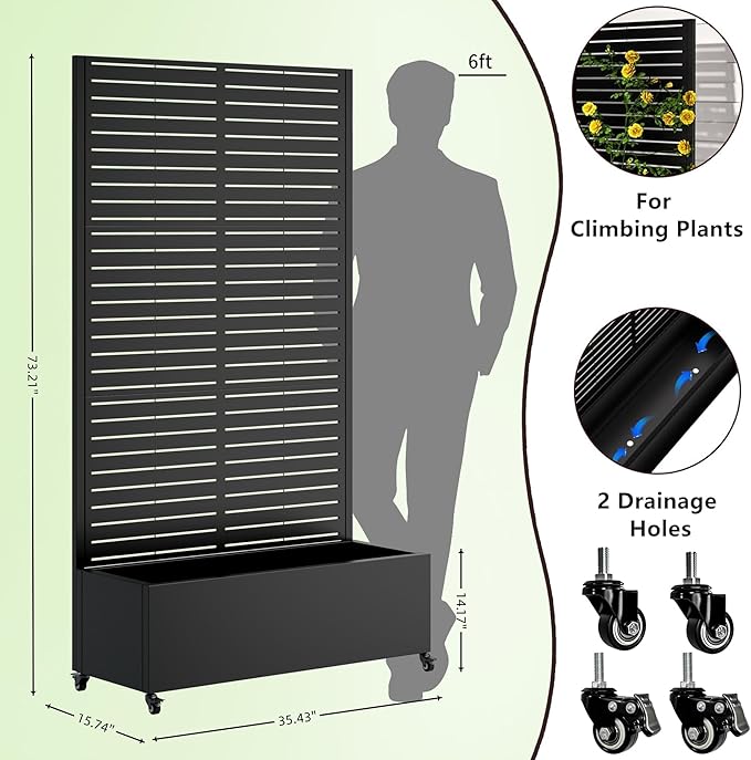 Kelligo Metal Planter Box Outdoor with Trellis Privacy Screen Privacy Planters for PatioRaised Garden Bed with Trellis &amp Wheels Trellis Planter Box with Drainage Holes73 x 35x 16 Black