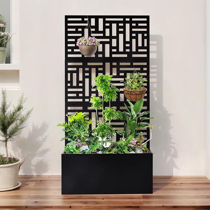 Metal Planter Box with Trellis70 Outdoor Raised Garden BedPrivacy Planters for Patio GardenPlanter Box with Drainage Holes for Climbing Plants (Black)