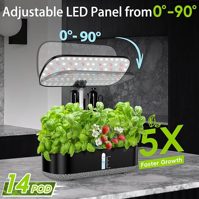 Hydroponics Growing System with LED Grow Light 14 Pods Indoor Herb Garden Full Spectrum Rotatable Light Panel Auto On Off Timing 12 14 16Hrs 5L Water Tank Harvest Fresh Veggie Lettuce Basil Tomato