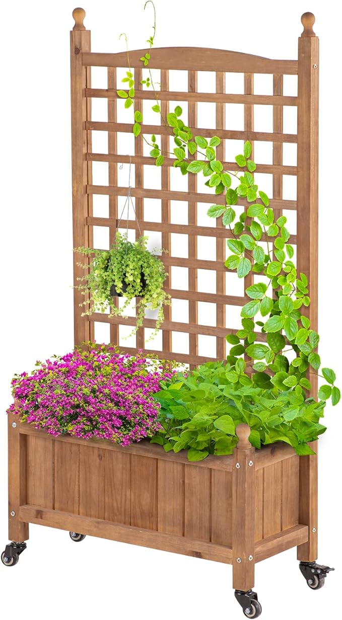 Idzo Raised Garden Bed with Trellis Durable Oil Coated Planter with Trellis 50 Inches Height Vertical Gardens Outdoors with Lockable Wheels and Convenient Non Woven Lining