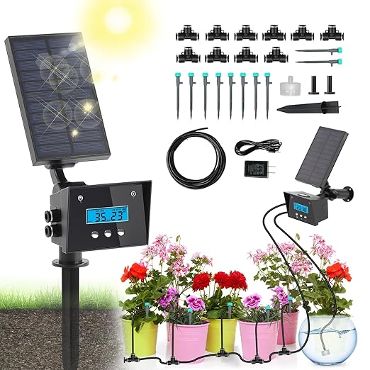 Solar Drip Irrigation System Automatic Irrigation System for Outdoor Gardening2200mA Battery and rain Sensing Functionfor courtyards Balconies Gardens 10 Potted Plants