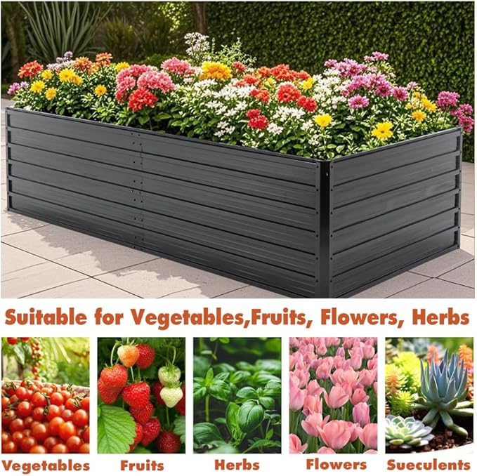 Heavy-Duty Galvanized Steel Raised Garden Bed for Outdoor Vegetables Flowers and Herb Planting – Rust-Resistant Metal Planter Box (8x4x2FT)