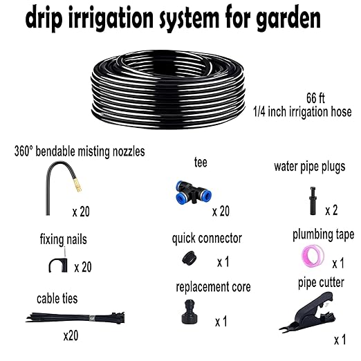 Drip Irrigation System for Garden 66 ft Garden Watering System Drip Irrigation Kit with 20pcs 360° Bending Mister Nozzles for Lawn Yard Flower Green Houses Plants