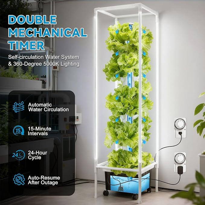 JESLED Hydroponic Growing System 15 Tiers Hydroponic Tower with 5000K Full-Spectrum Grow Lights Dual Timers for Auto Watering &amp Lighting Indoor Vertical Garden with 20L Water Tank High 66.2