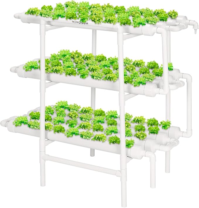 VIVOSUN Hydroponics Growing System 108 Plant Sites 3 Layers 12 Food-Grade PVC-U Pipes Gardening System Grow Kit with Water Pump Timer Nest Basket and Sponge for Leafy Vegetables