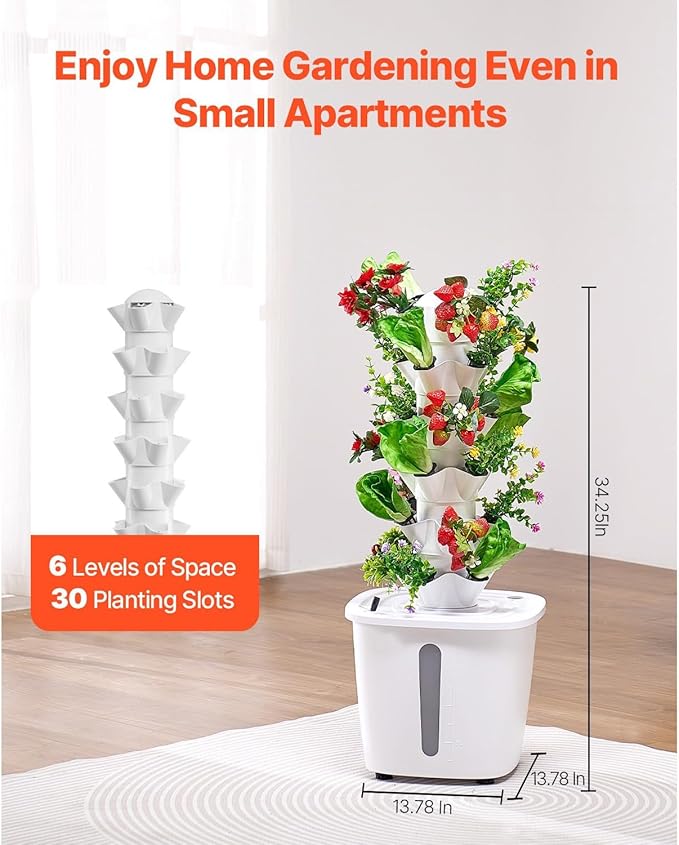 30-Pod Hydroponic Growing System - Vertical 6-Tier Indoor Garden with Water Pump &amp Timer - Efficient Hydroponic Tower for Germinating Herbs Fruits &amp Vegetables at Home