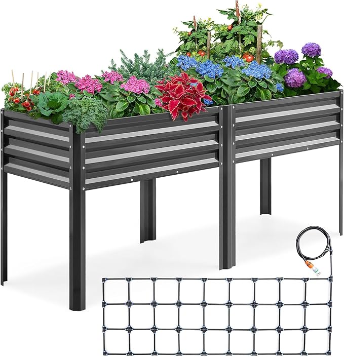 KING BIRD Raised Garden Bed with Irrigation System and Legs Galvanized Elevated Planter Box for Backyard Patio Balcony 600lb Capacity Dark Grey 70.9x22.8x31.5 in